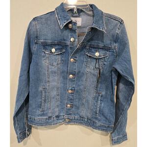 Request Premium-Distressed Jean Jacket in Med Blue Wash *NWT *Ladies Size Small